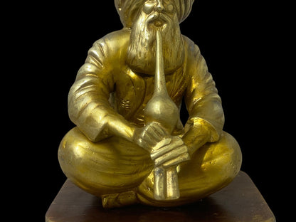 Authentic Antique Indian Bronze Statue with Hand-Engraved Details on Solid Wood Base