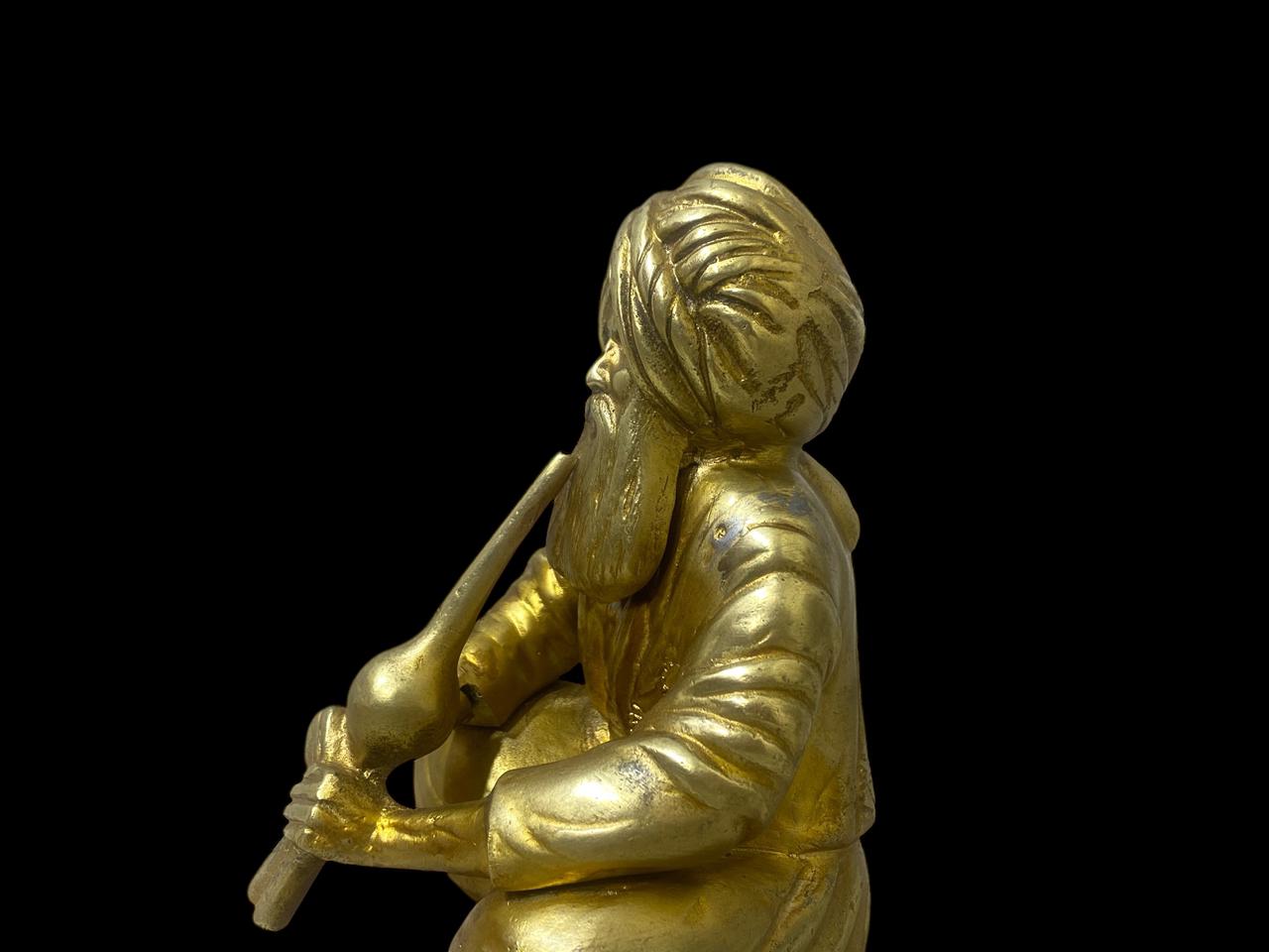 Authentic Antique Indian Bronze Statue with Hand-Engraved Details on Solid Wood Base