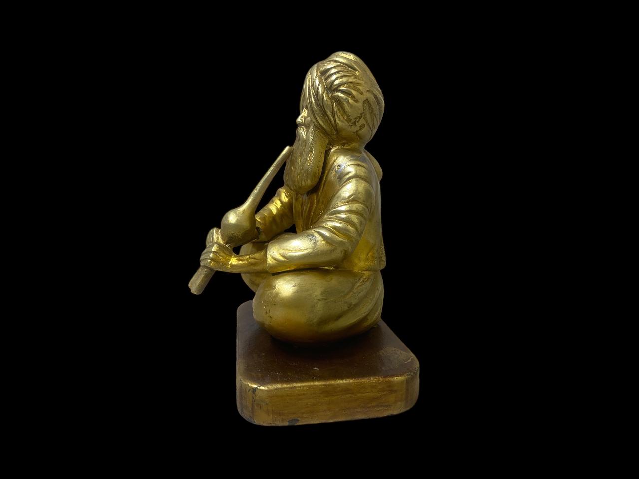 Authentic Antique Indian Bronze Statue with Hand-Engraved Details on Solid Wood Base