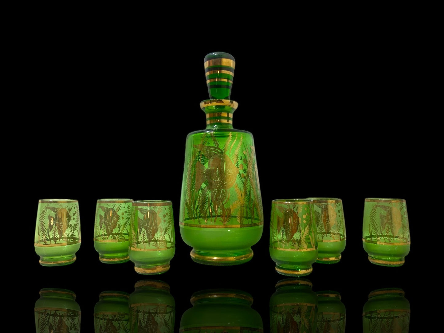 Authentic Antique Czech Crystal Carafe Set – Carafe + 6 Glasses with Hand-Painted Gold Enamel Details