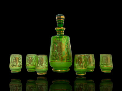 Authentic Antique Czech Crystal Carafe Set – Carafe + 6 Glasses with Hand-Painted Gold Enamel Details