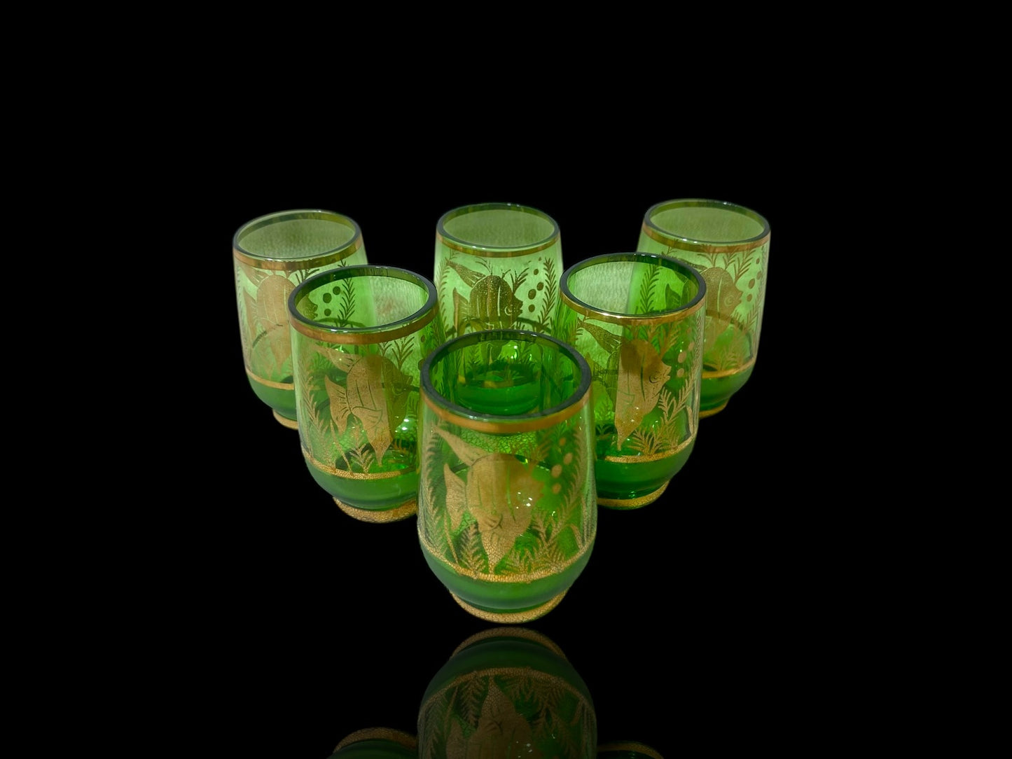 Authentic Antique Czech Crystal Carafe Set – Carafe + 6 Glasses with Hand-Painted Gold Enamel Details