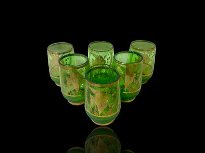 Authentic Antique Czech Crystal Carafe Set – Carafe + 6 Glasses with Hand-Painted Gold Enamel Details