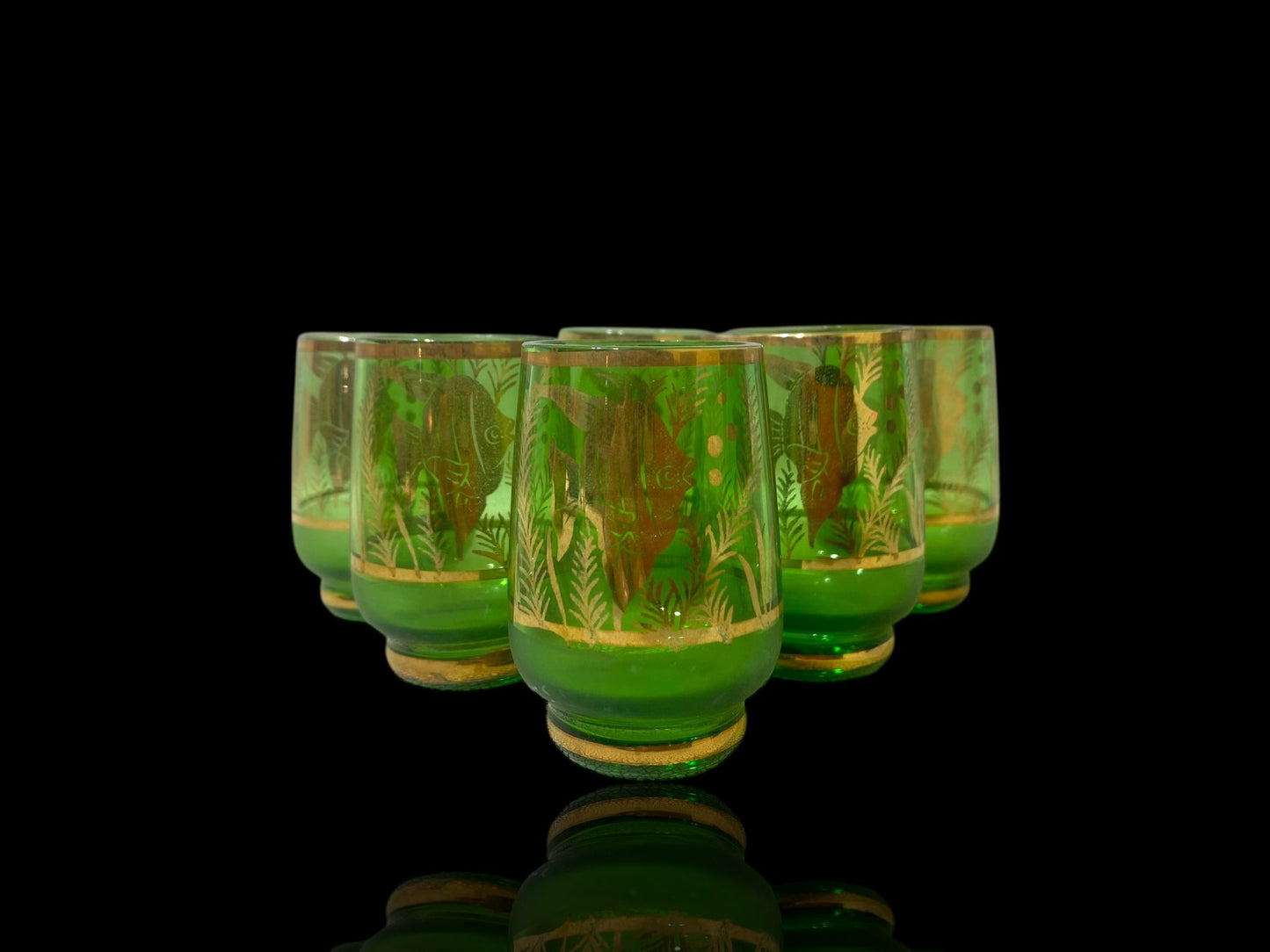 Authentic Antique Czech Crystal Carafe Set – Carafe + 6 Glasses with Hand-Painted Gold Enamel Details