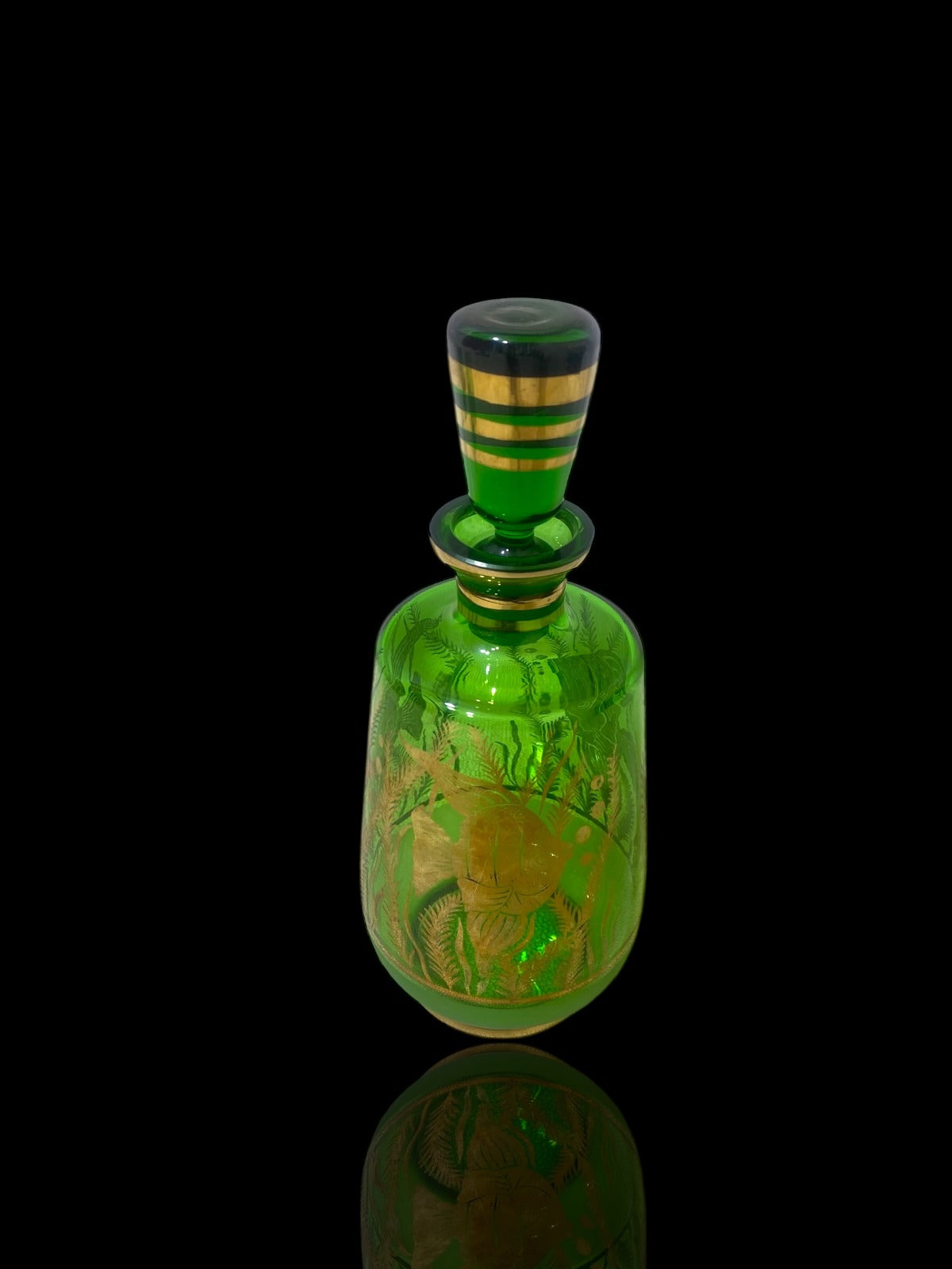 Authentic Antique Czech Crystal Carafe Set – Carafe + 6 Glasses with Hand-Painted Gold Enamel Details