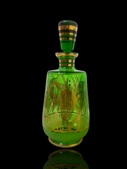 Authentic Antique Czech Crystal Carafe Set – Carafe + 6 Glasses with Hand-Painted Gold Enamel Details