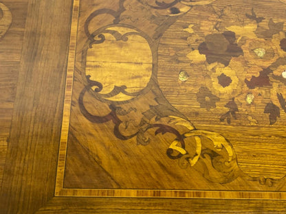 Antique French Center Table – Solid Mahogany Wood with Marquetry and Bronze Frame