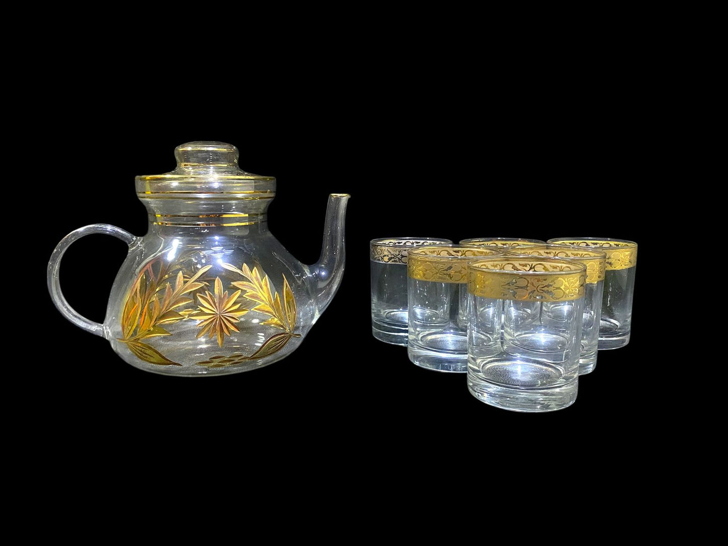 Rare Antique 8-Piece Tea Set – Likely Bohemian Crystal, Hand-Etched and Gold-Gilded