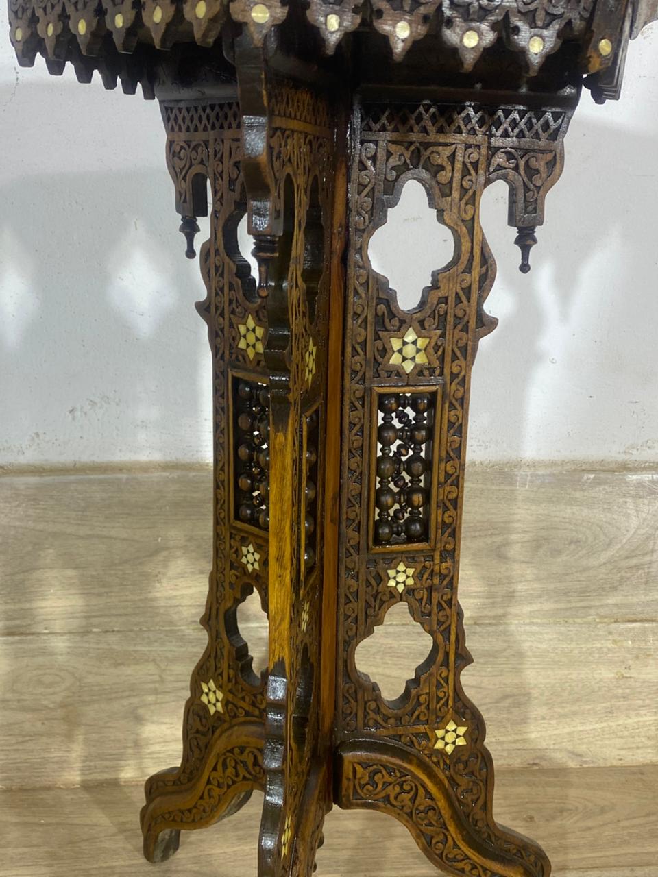 Rare Ottoman Arabesque Mahogany Side Table with Hand-Carved Calligraphy and Natural Ivory Inlay