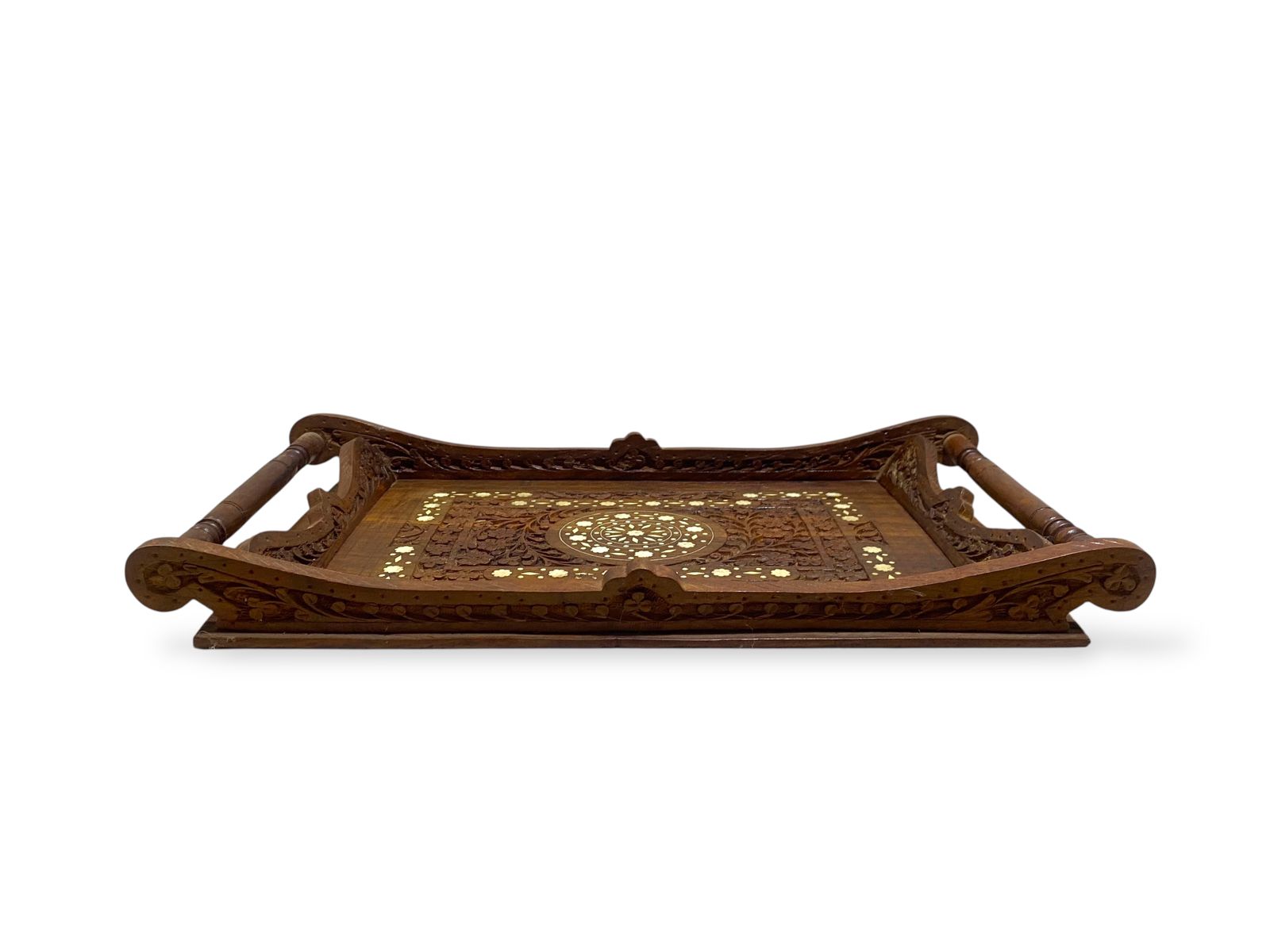 Antique Indian Rosewood Tray with Ivory Inlay