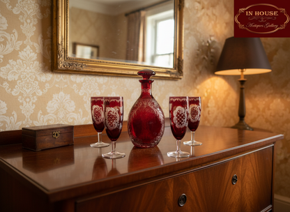 Authentic Vintage Egermann Bohemian Crystal Carafe Set – Rare 5-Piece Hand-Engraved Collection