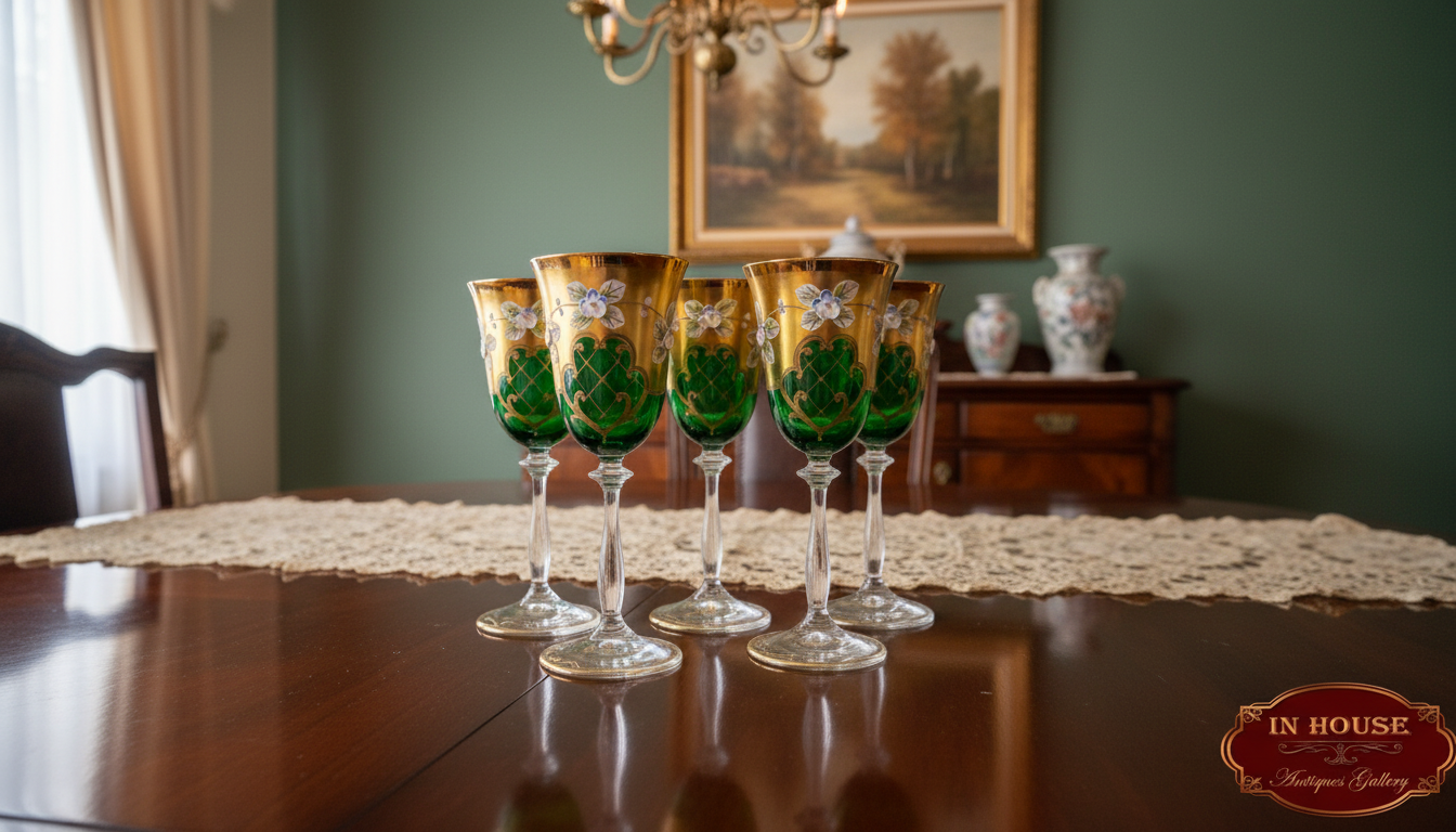 Rare Antique Bohemian Czech Crystal Set — 5 Green Glasses, Hand-Painted 24k Gold, Original Box, Floral Biscuit Relief