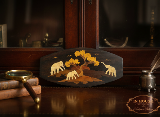 Original Antique Indian Tableau — Solid Palisander Wood with Hand-Carved Elephant Ivory Inlays and Marquetry Artwork