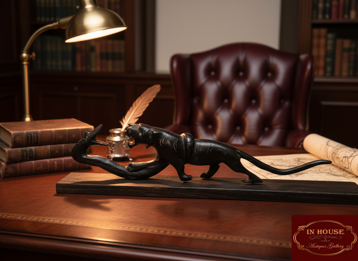 Antique Hand-Carved Natural Horn Sculpture – Panther & Serpent Scene