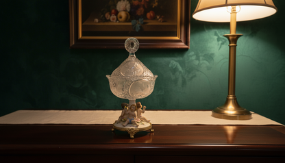 Antique Italian Bonbonniere with Lid — Hand-Engraved Czech Crystal and Capodimonte Porcelain Figures