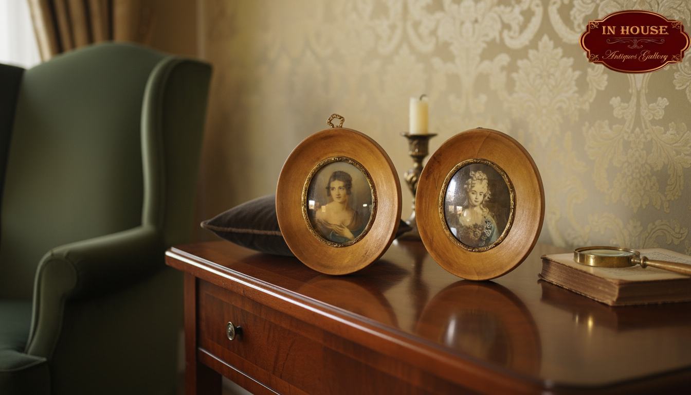 Pair of Original French Miniature Ivory Portraits – Oak & Bronze Frames (tableaux)