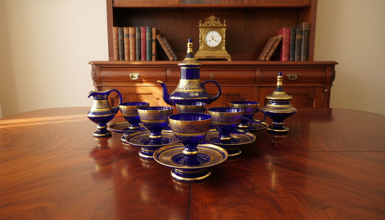 Rare Antique Bohemian Czech Cobalt Blue Crystal Tea Set — Hand-Painted 24k Gold, Original Box, Early 1900s