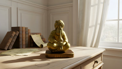 Authentic Antique Indian Bronze Statue with Hand-Engraved Details on Solid Wood Base