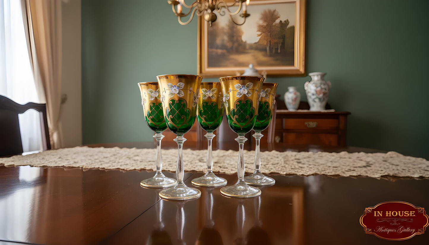 Rare Antique Bohemian Czech Crystal Set — 5 Green Glasses, Hand-Painted 24k Gold, Original Box, Floral Biscuit Relief