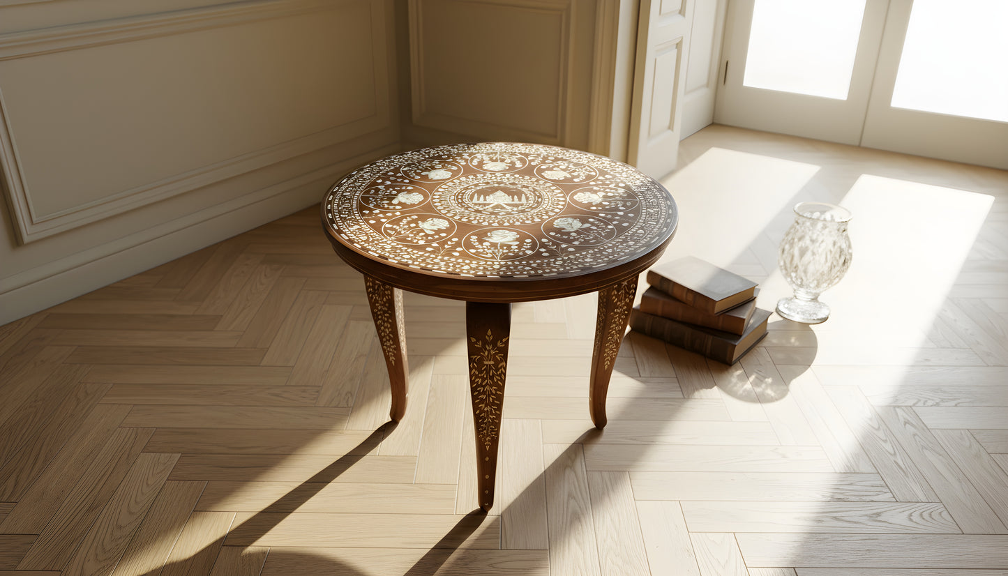 Exceptional Antique Indian Hand-Carved Side Table in Taj Mahal Style with Natural Ivory Inlay