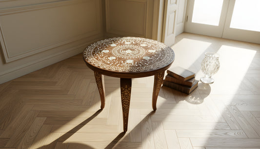 Exceptional Antique Indian Hand-Carved Side Table in Taj Mahal Style with Natural Ivory Inlay