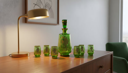 Authentic Antique Czech Crystal Carafe Set – Carafe + 6 Glasses with Hand-Painted Gold Enamel Details