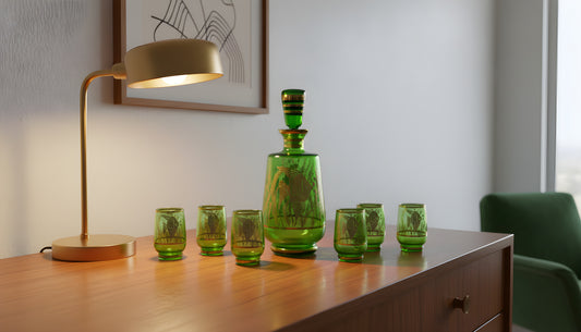 Authentic Antique Czech Crystal Carafe Set – Carafe + 6 Glasses with Hand-Painted Gold Enamel Details