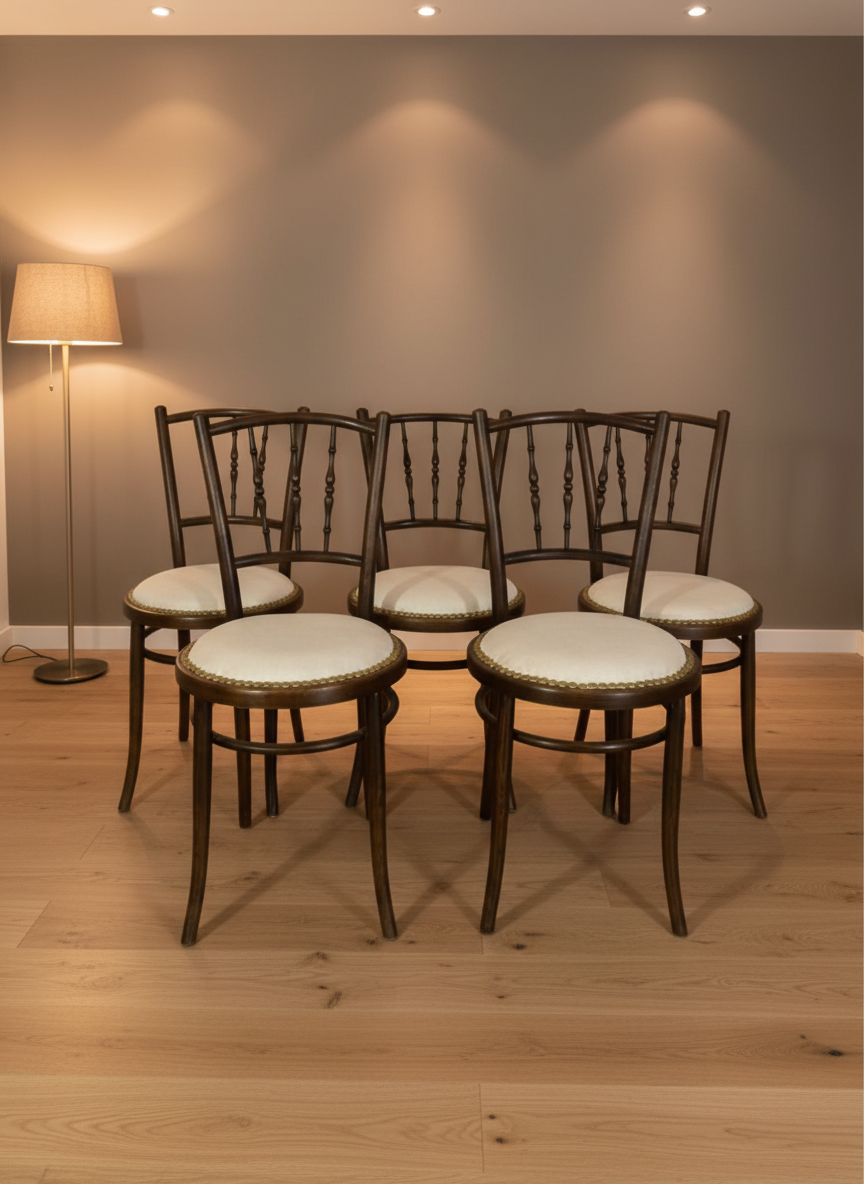 Set of 5 Original English Thonet Chairs – Solid Mahogany, Steam-Bent, Newly Upholstered