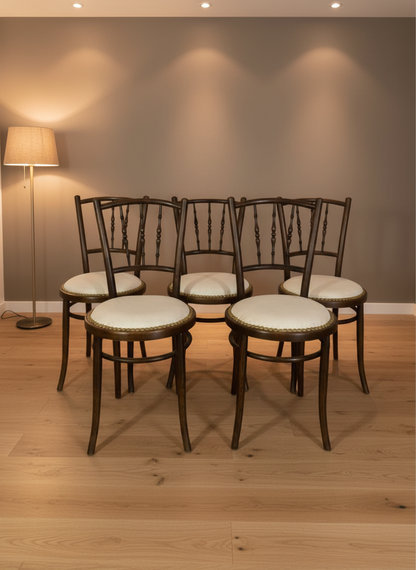 Set of 5 Original English Thonet Chairs – Solid Mahogany, Steam-Bent, Newly Upholstered