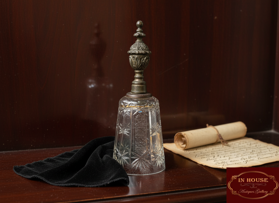 Vintage Bohemian Czech Crystal Bell with Bronze Handle – Hand-Cut